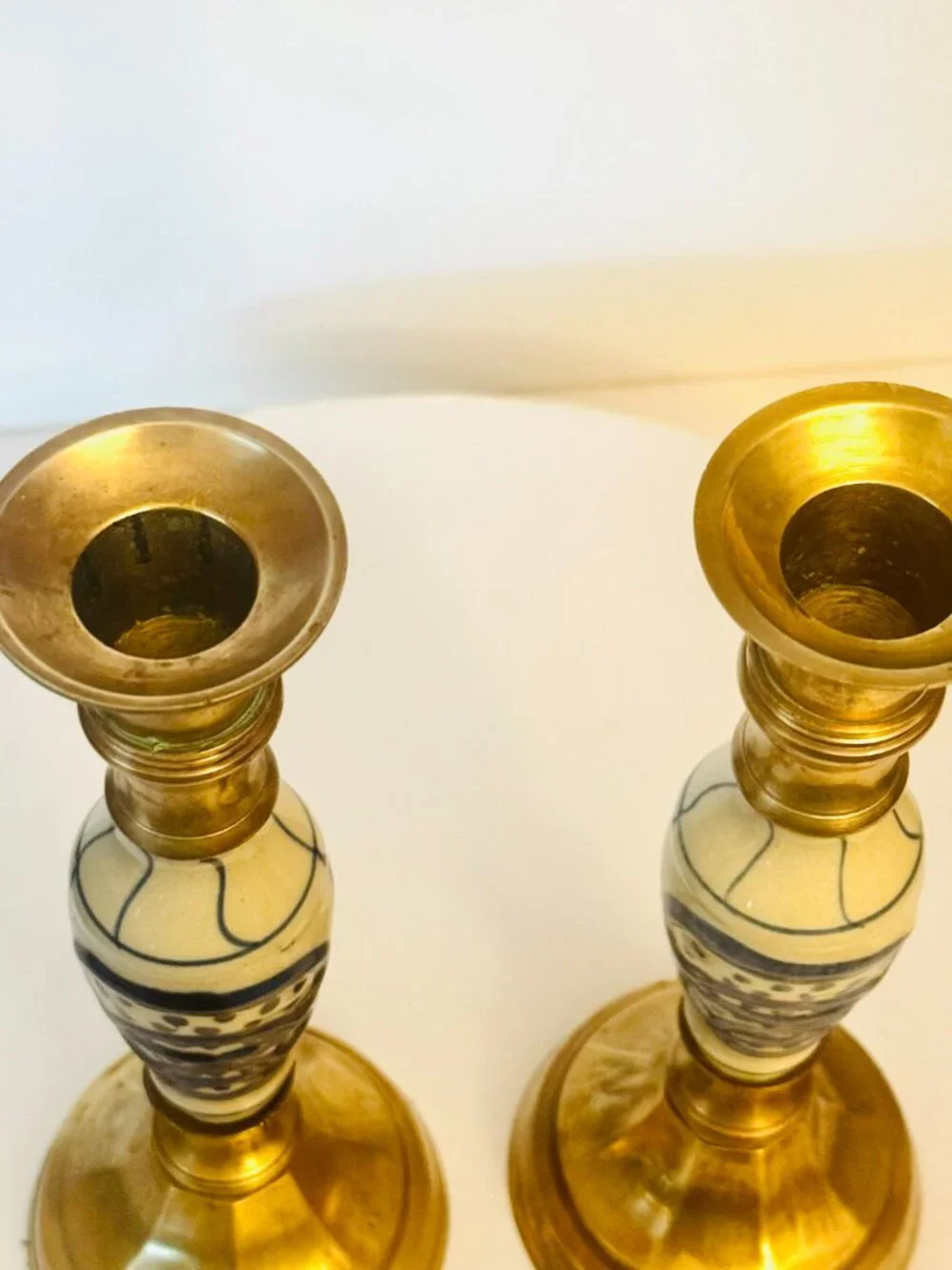 Pair Delft Vtg Blue White Ceramic Brass 9